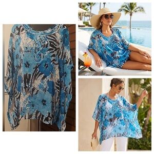 Kerry Brooke Sheer Kaftan Blouse Blue Floral Cruise Wear Chiffon Overlay